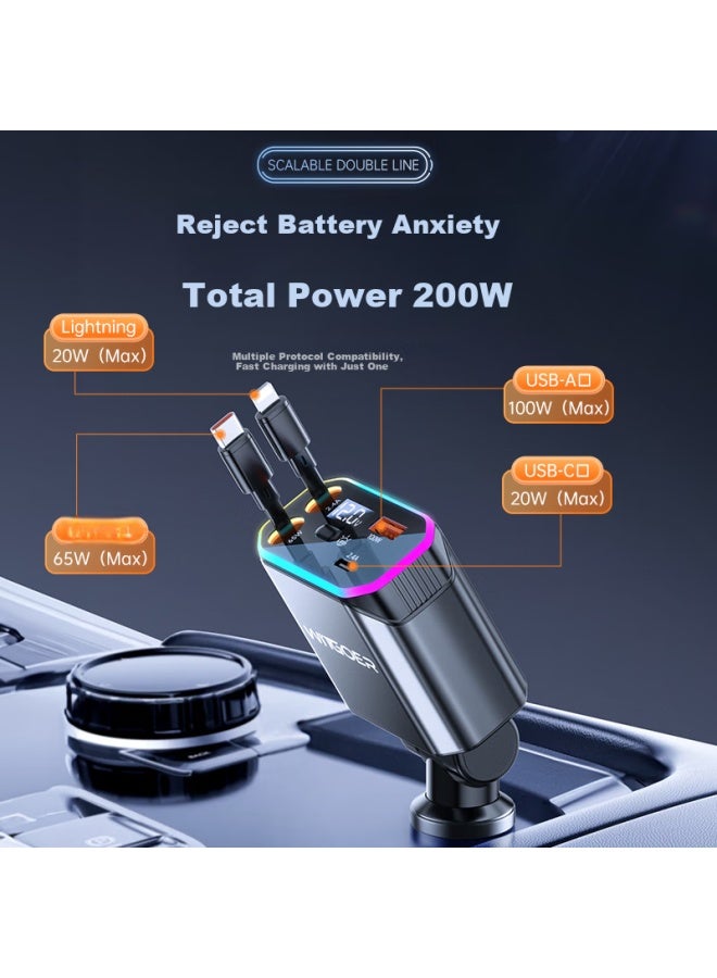 WITGOER Car Charger With Cable 200W Super Fast Charging Plug One Drag Two Three Multi-Function Cigarette Lighter Converter Stretch Charging Cable Suitable For Apple 16 Xiaomi Huawei - Image 2