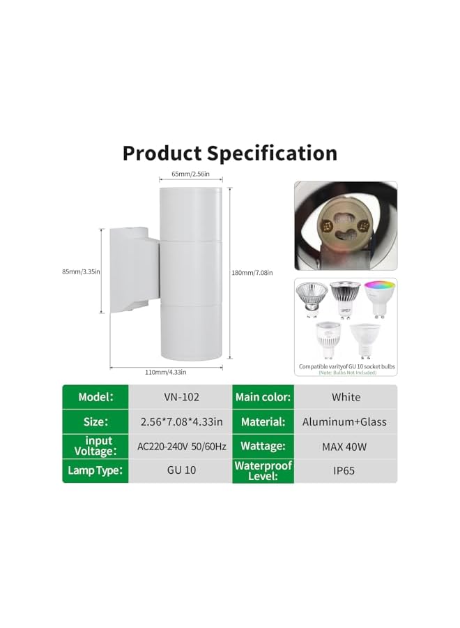 V.nice Outdoor Wall Light GU10 Up Down Light – IP65 Waterproof Exterior Sconce Lamp, 2 Sizes & 2 Colors, Aluminum Modern Wall Lamp for Porch, Patio, Doorway, Garden - Image 2