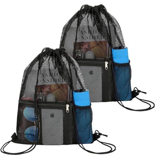 NATURAL STYLE 2 PACK Mesh Drawstring Backpack Bag, Multifunction Mesh Bag for Swimming, Athletic Gym, Clothes, Beach, Swim (Black) - Image 1
