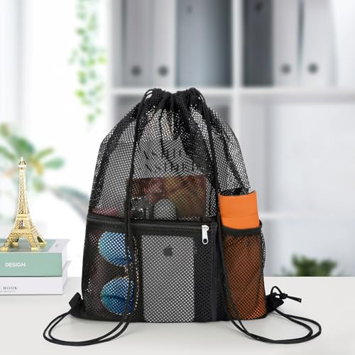 NATURAL STYLE 2 PACK Mesh Drawstring Backpack Bag, Multifunction Mesh Bag for Swimming, Athletic Gym, Clothes, Beach, Swim (Black) - Image 3