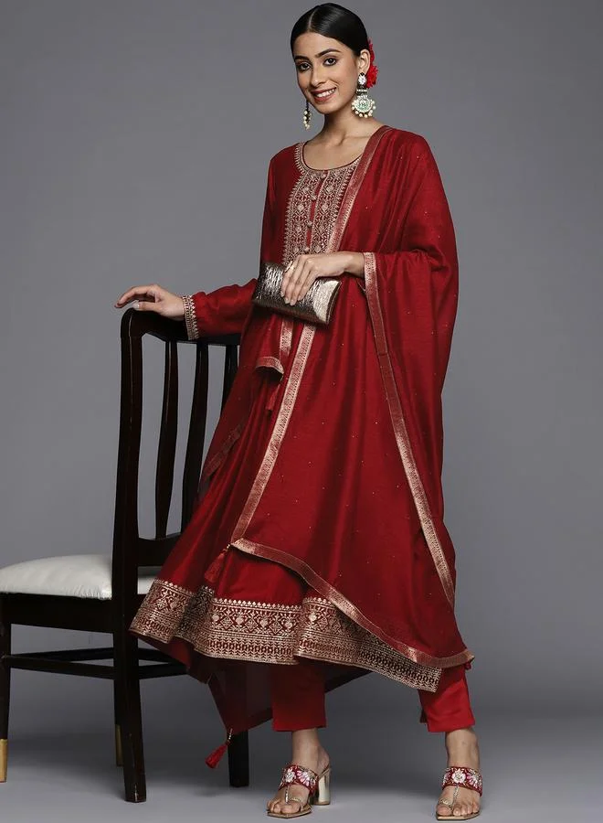 Libas Libas Silk Embroidered Kurta and Solid Churidar with Chiffon Dupatta Set