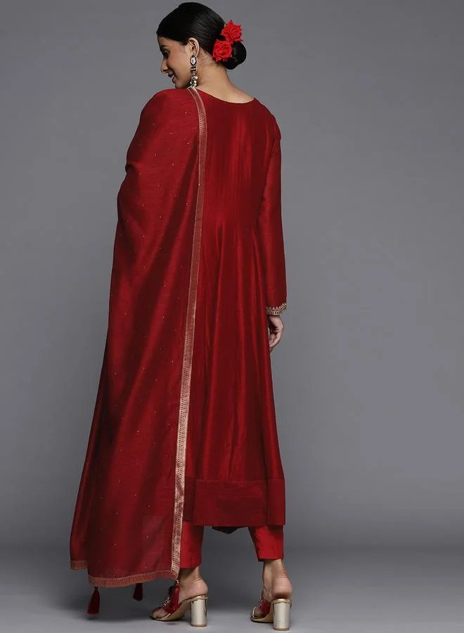 Libas Libas Silk Embroidered Kurta and Solid Churidar with Chiffon Dupatta Set
