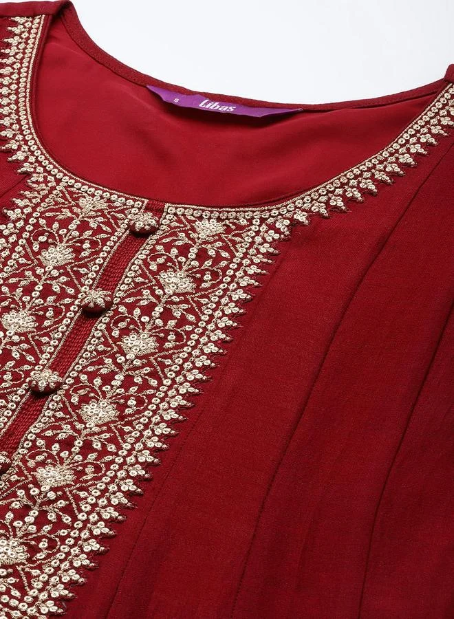 Libas Libas Silk Embroidered Kurta and Solid Churidar with Chiffon Dupatta Set