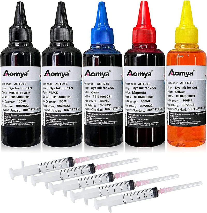 Aomya مجموعة إعادة تعبئة الحبر Aomya 5x100ml لطابعات Canon PGI-550 CLI-551 PGI-570 CLI-571 PGI-580 CLI-581 PGI-525 CLI-526 PGI-520 CLI-521 خرطوشة حبر قابلة لإعادة التعبئة نظام CIS CISS مع 5 محاقن (PBK, BK, C, M, Y) - Image 1