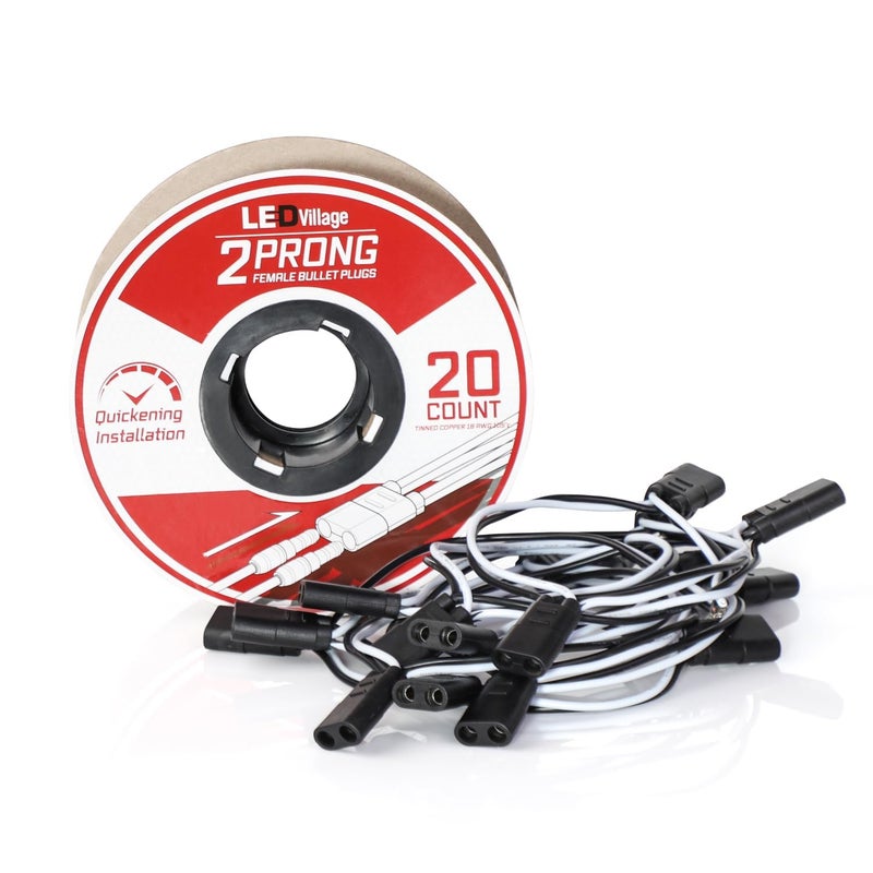 Ledvillage Wire Harness Roll 20 Counts - 6.5" Spacing on Lead, 2-Prong Double Female Bullet Plugs 18 AWG - 10 ft. for LED Lights Truck Trailer Semi-Truck RV (7.5A) - Image 1