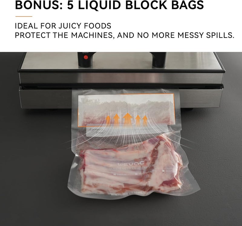 Wevac 11" x 16" Precut Vacuum Sealer Bags, 100 Count, Includes 5 Liquid Block Bags & 5 Bone Guard Pieces, Heavy Duty for Food Storage, Sous Vide & Meal Prep - Image 4