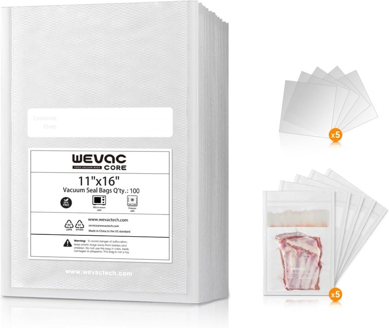 Wevac 11" x 16" Precut Vacuum Sealer Bags, 100 Count, Includes 5 Liquid Block Bags & 5 Bone Guard Pieces, Heavy Duty for Food Storage, Sous Vide & Meal Prep - Image 1