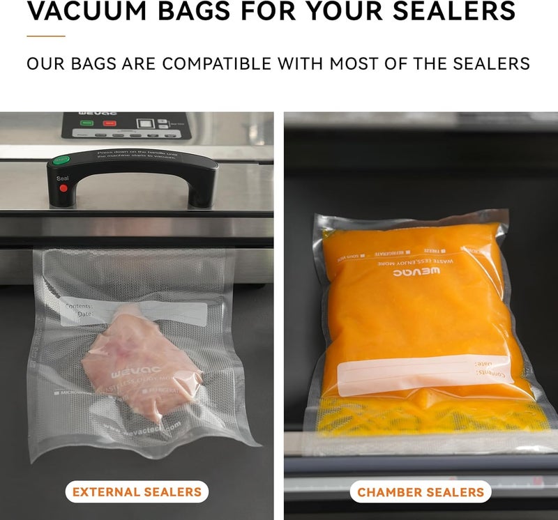 Wevac 11" x 16" Precut Vacuum Sealer Bags, 100 Count, Includes 5 Liquid Block Bags & 5 Bone Guard Pieces, Heavy Duty for Food Storage, Sous Vide & Meal Prep - Image 3