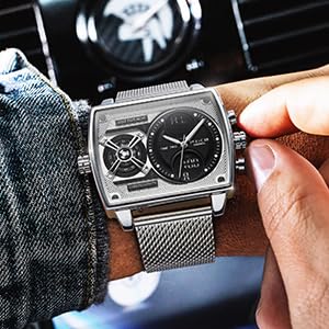 FEICE Mens Square Qaurtz Watches-Big Face Two Time Zone, Waterproof Chronograph, Alarm, Date, Stainless Steel Band Digital Analog Watch for Men(Silver) - Image 3