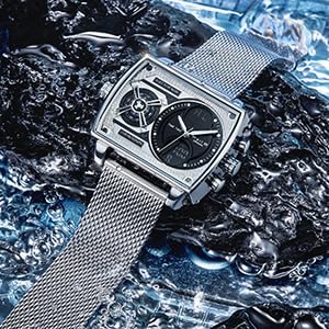 FEICE Mens Square Qaurtz Watches-Big Face Two Time Zone, Waterproof Chronograph, Alarm, Date, Stainless Steel Band Digital Analog Watch for Men(Silver) - Image 2