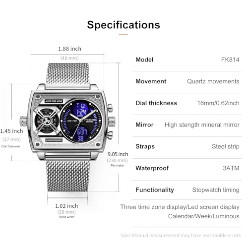 FEICE Mens Square Qaurtz Watches-Big Face Two Time Zone, Waterproof Chronograph, Alarm, Date, Stainless Steel Band Digital Analog Watch for Men(Silver) - Image 5