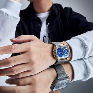FEICE Mens Square Qaurtz Watches-Big Face Two Time Zone, Waterproof Chronograph, Alarm, Date, Stainless Steel Band Digital Analog Watch for Men(Silver) - Image 4