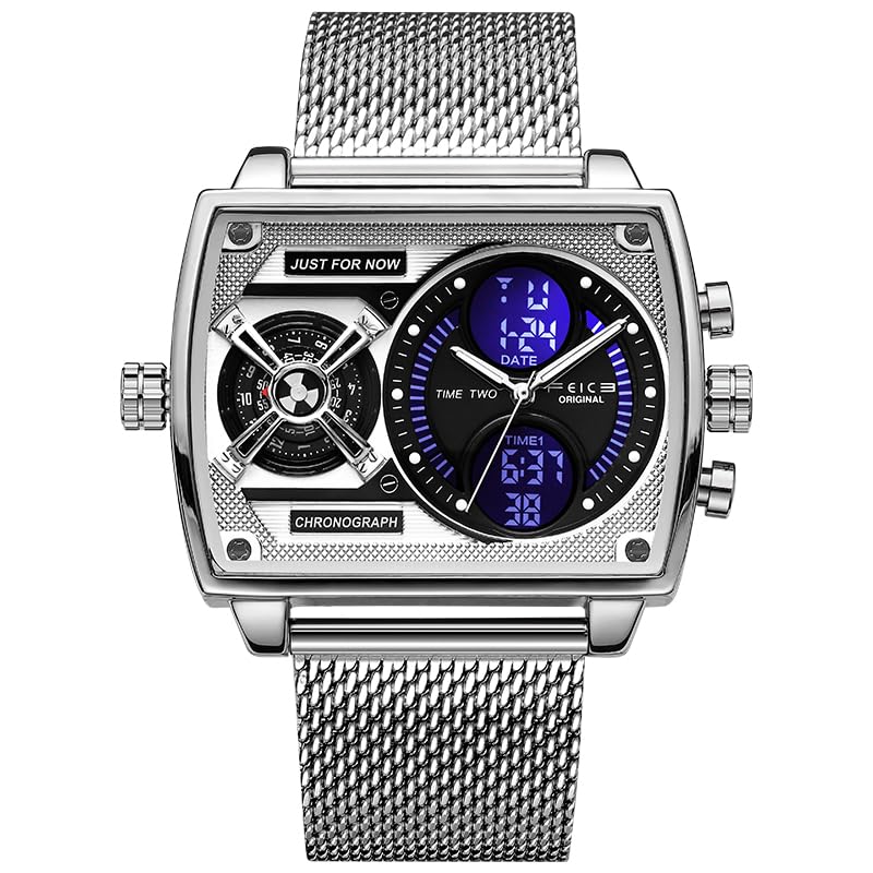 FEICE Mens Square Qaurtz Watches-Big Face Two Time Zone, Waterproof Chronograph, Alarm, Date, Stainless Steel Band Digital Analog Watch for Men(Silver) - Image 1
