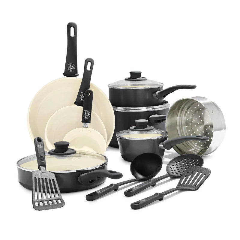 GreenLife 16 Piece Nonstick Cookware Set, Soft Grip Non-Toxic PFAS-Free Ceramic Pots & Pans, Dishwasher & Oven Safe, Frying, Sauce, Utensils, Glass Lids, Stay-Cool Handles, Wobble Free, Black & Cream - Image 1