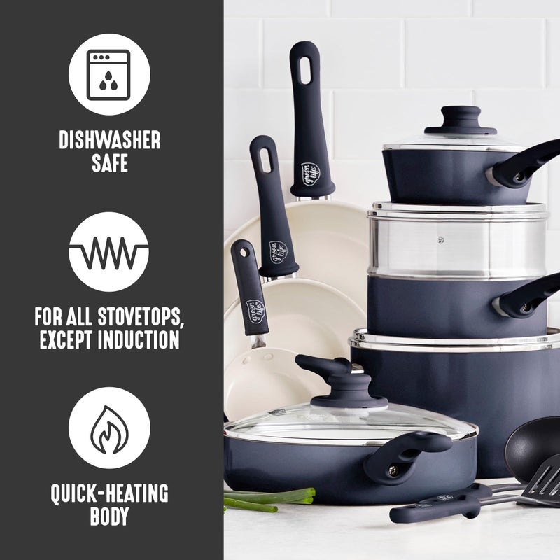 GreenLife 16 Piece Nonstick Cookware Set, Soft Grip Non-Toxic PFAS-Free Ceramic Pots & Pans, Dishwasher & Oven Safe, Frying, Sauce, Utensils, Glass Lids, Stay-Cool Handles, Wobble Free, Black & Cream - Image 2