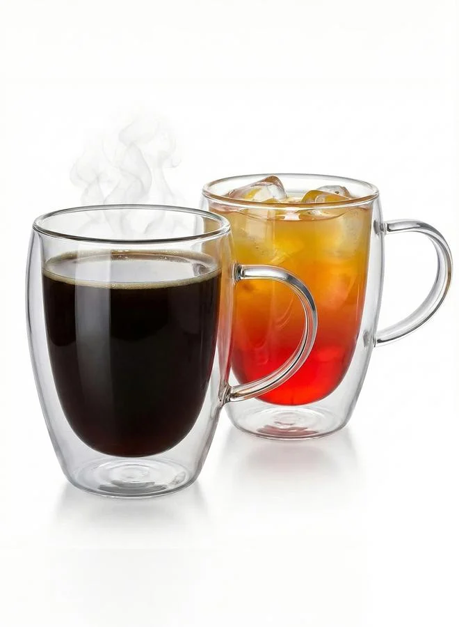 كويزين أرت طقم من 2 كوب زجاج بجدار مزدوج ومقبض 350 مل