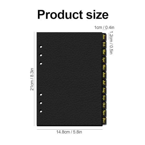 Koqye Leather Textured A5 6-Ring Binder Dividers with 12 Monthly Tabs, 8.3 * 5.7Inch Black Paper Index Page Separators for Planner/Organizer (1 Set - 12 Monthly Tabs) - Image 2