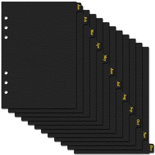 Koqye Leather Textured A5 6-Ring Binder Dividers with 12 Monthly Tabs, 8.3 * 5.7Inch Black Paper Index Page Separators for Planner/Organizer (1 Set - 12 Monthly Tabs) - Image 1