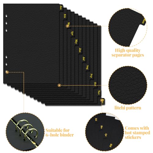 Koqye Leather Textured A5 6-Ring Binder Dividers with 12 Monthly Tabs, 8.3 * 5.7Inch Black Paper Index Page Separators for Planner/Organizer (1 Set - 12 Monthly Tabs) - Image 4