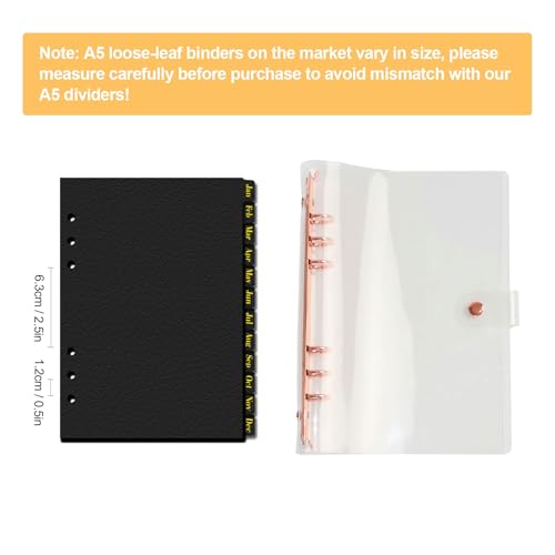 Koqye Leather Textured A5 6-Ring Binder Dividers with 12 Monthly Tabs, 8.3 * 5.7Inch Black Paper Index Page Separators for Planner/Organizer (1 Set - 12 Monthly Tabs) - Image 3
