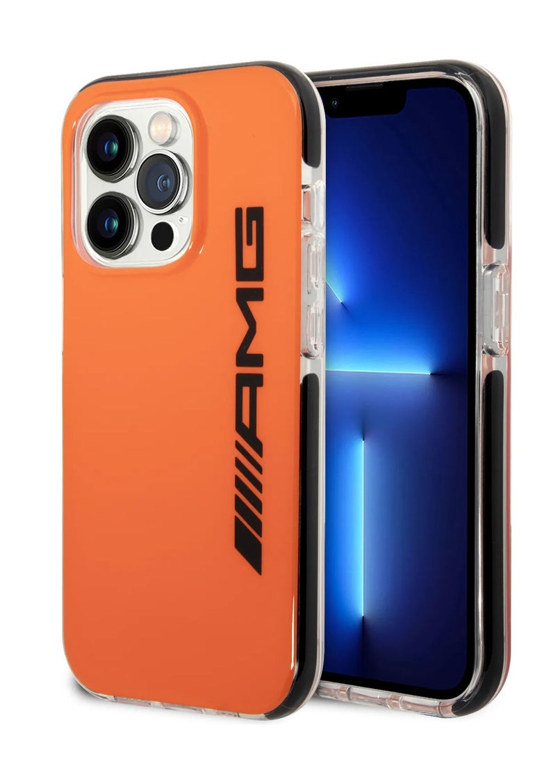اي ام جي جراب صلب من البولي كربونات/البلاستيك الحراري/غطاء خلفي / حماية من الصدمات والسقوط / جراب حلقي مرفوع لهاتف iPhone 14 Pro - برتقالي/أسود - Image 4