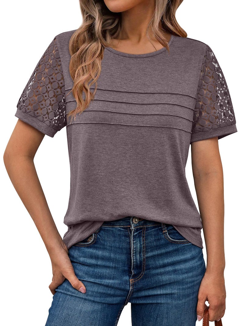 AUTOMET Short Sleeve Shirts for Women Summer Tops 2026 Spring Fashion Dressy Casual Outfits Lace Trendy Top Cute Work T Shirt Business Vacation Clothes Blouses Rose Taupe M - Image 1