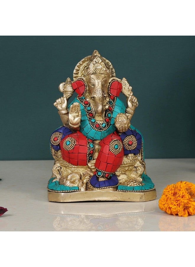 Svarup Brass Sitting Ganesha Idol in Multicolor Height 6.5 Inch Weight 2 Kg - Image 1