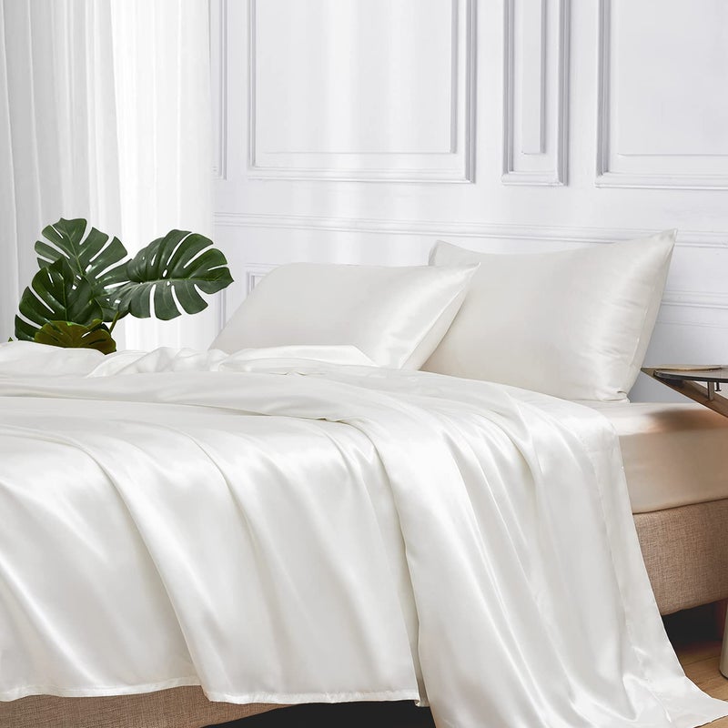 MR&HM Satin Bed Sheets  California King Size Sheets Set  4 Pcs Silky Bedding Set with 15 Inches Deep Pocket for Mattress(California King  Ivory)
