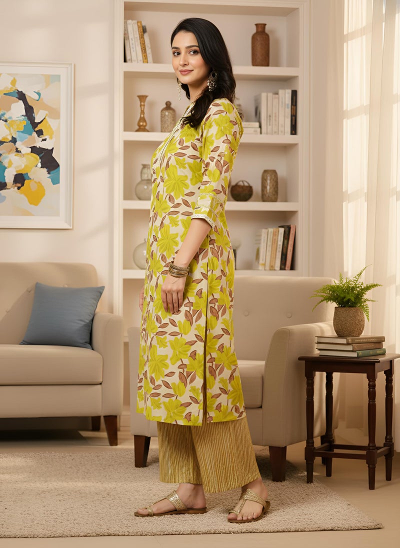 Yash Gallery Women’s Yellow Floral Printed Cotton Kurta Straight Fit Ethnic Kurti with V-Neck & 3/4 Sleeves Casual, Office Pure Cotton Long Kurta for Women - Image 3