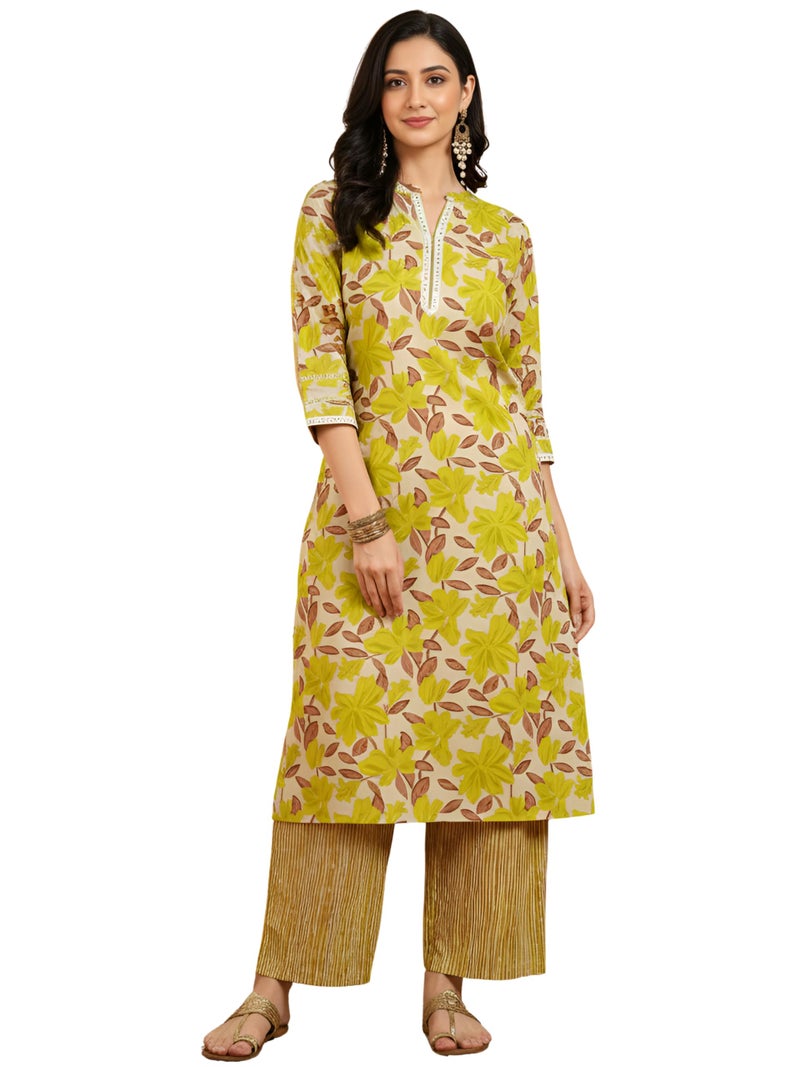 Yash Gallery Women’s Yellow Floral Printed Cotton Kurta Straight Fit Ethnic Kurti with V-Neck & 3/4 Sleeves Casual, Office Pure Cotton Long Kurta for Women - Image 1