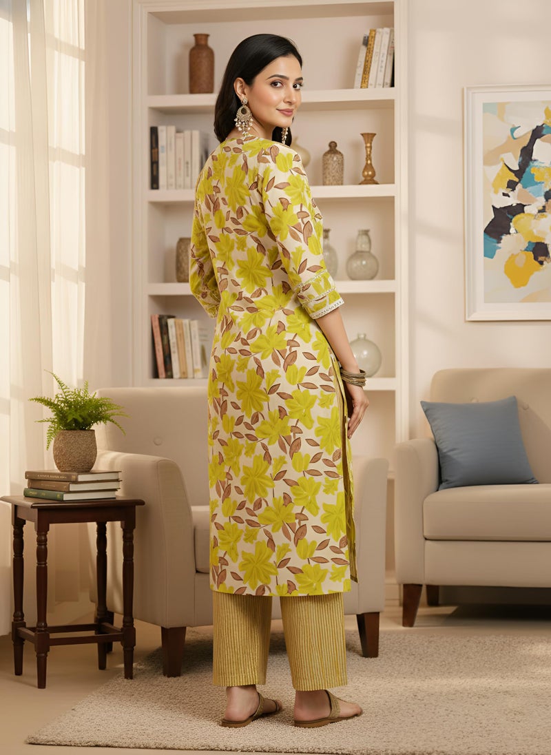 Yash Gallery Women’s Yellow Floral Printed Cotton Kurta Straight Fit Ethnic Kurti with V-Neck & 3/4 Sleeves Casual, Office Pure Cotton Long Kurta for Women - Image 5
