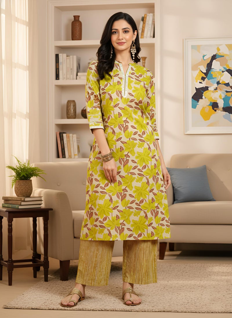 Yash Gallery Women’s Yellow Floral Printed Cotton Kurta Straight Fit Ethnic Kurti with V-Neck & 3/4 Sleeves Casual, Office Pure Cotton Long Kurta for Women - Image 2