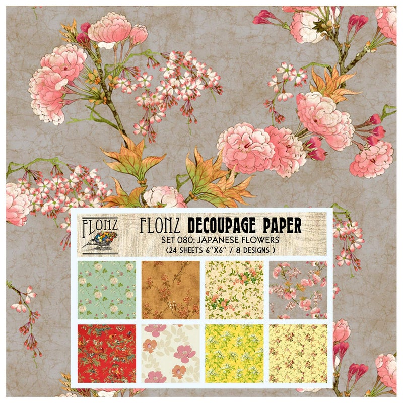 Decoupage Paper Pack (24 Sheets 6"x6") Japanese Flowers FLONZ Vintage Styled Paper for Decoupage, Craft and Scrapbooking