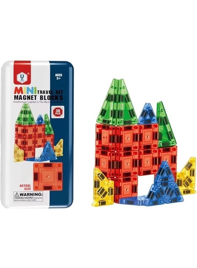 بلاطات مغناطيسية صغيرة للأطفال | حجم سفر 30 قطعة من مكعبات البناء المغناطيسية مع صندوق حديدي | ألعاب سفر خفيفة الوزن ومحمولة للأطفال من عمر 3 سنوات فما فوق من الفتيان والفتيات والأطفال الصغار | هدايا تعليمية لمرحلة ما قبل المدرسة | Micro Mags - Image 1