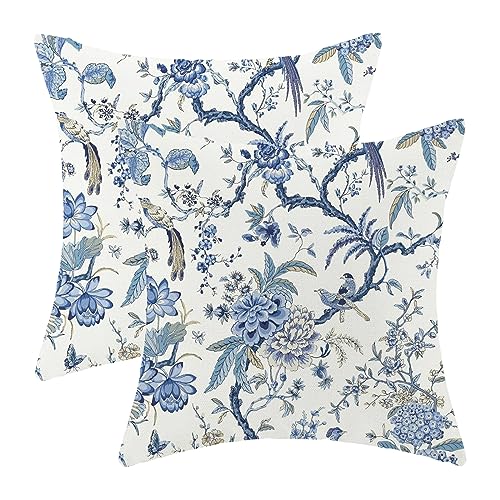 GIOPAMGO Chinoiserie Spring Pillow Covers 24x24 Set of 2, Vintage Bule Birds Flowers Farmhouse Decorations Throw Pillow Covers Blue and White Outdoor Decorative Linen Cushion Case for Couch Sofa Home - Image 1