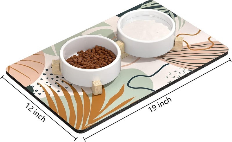 Rnivvi Dog Food Mat, 12" x 19" Boho Absorbent Dog Cat Bowl Mat for Food and Water, 3MM Anti-Slip Rubber Pet Feeding Rug Protect Floors, Puppy Placemat for Feeding & Watering Supplies, Tropical Leaves - Image 2