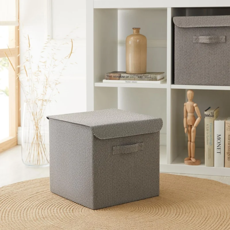 Ocean Home Textile Anthracite Textured Closet Laundry Toy Organizer Folding Storage Box with Cover 30x30x30 cm