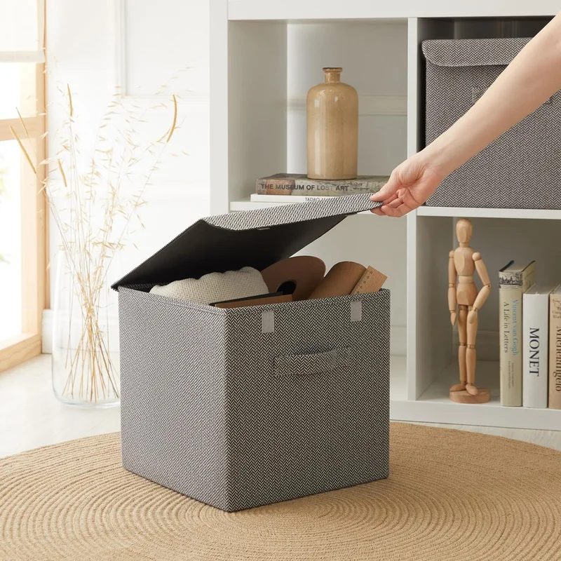 Ocean Home Textile Anthracite Textured Closet Laundry Toy Organizer Folding Storage Box with Cover 30x30x30 cm