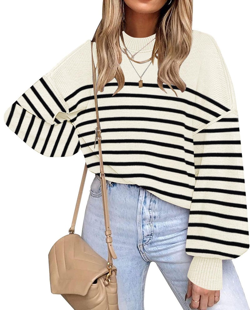 ETCYY Womens Sweaters Fall 2025 Batwing Long Sleeve Side Slit Knit Tops Crew Neck Striped Oversized Sweater Pullover,A Stripe Apricot,Medium - Image 1