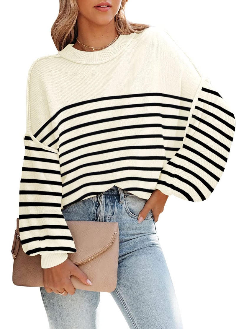 ETCYY Womens Sweaters Fall 2025 Batwing Long Sleeve Side Slit Knit Tops Crew Neck Striped Oversized Sweater Pullover,A Stripe Apricot,Medium - Image 2
