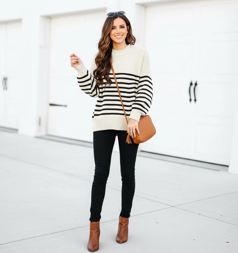 ETCYY Womens Sweaters Fall 2025 Batwing Long Sleeve Side Slit Knit Tops Crew Neck Striped Oversized Sweater Pullover,A Stripe Apricot,Medium - Image 4