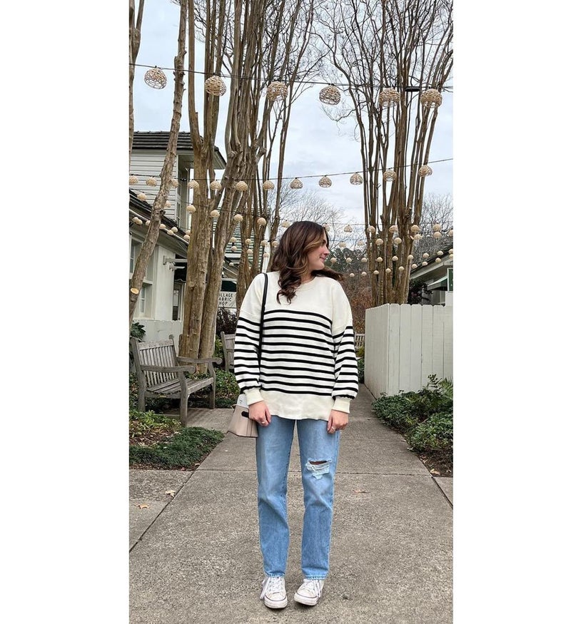 ETCYY Womens Sweaters Fall 2025 Batwing Long Sleeve Side Slit Knit Tops Crew Neck Striped Oversized Sweater Pullover,A Stripe Apricot,Medium - Image 5