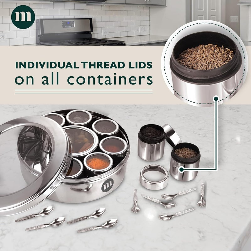 MARU مارو صندوق توابل كبير 12 في 1 للمطبخ مع أغطية ملولبة | صندوق ماسالا للمطبخ من الفولاذ | حاوية ماسالا للمطبخ مع غطاء شفاف (الحجم 14 كبير جداً 24.5 سم) فضي - Image 2