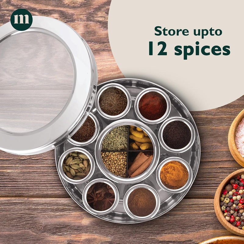 MARU مارو صندوق توابل كبير 12 في 1 للمطبخ مع أغطية ملولبة | صندوق ماسالا للمطبخ من الفولاذ | حاوية ماسالا للمطبخ مع غطاء شفاف (الحجم 14 كبير جداً 24.5 سم) فضي - Image 3
