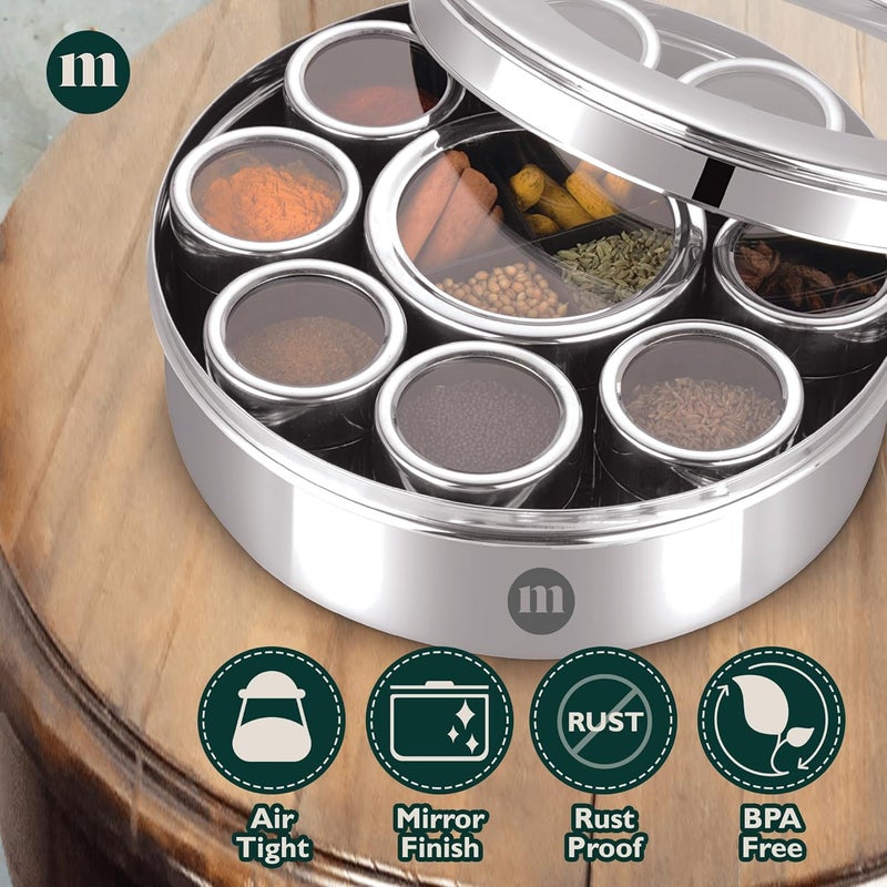 MARU مارو صندوق توابل كبير 12 في 1 للمطبخ مع أغطية ملولبة | صندوق ماسالا للمطبخ من الفولاذ | حاوية ماسالا للمطبخ مع غطاء شفاف (الحجم 14 كبير جداً 24.5 سم) فضي - Image 4
