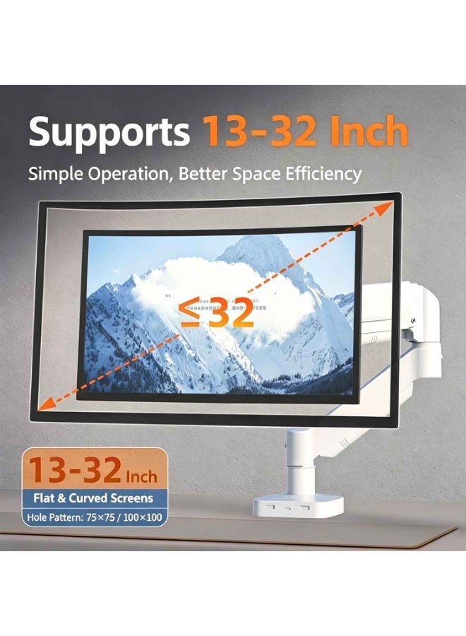 Single Monitor Arm,for 13-32" Screens up to 22 lbs, Ergonomic Gas Spring Monitor Stand with Height Adjust, Tilt, Swivel & Cable Management, VESA Desk Mount with 2 Types of Installation, White,Adjustable Monitor Mount with C-Clamp and Grommet Base, Ergonomic Computer Monitor Mount - Image 2
