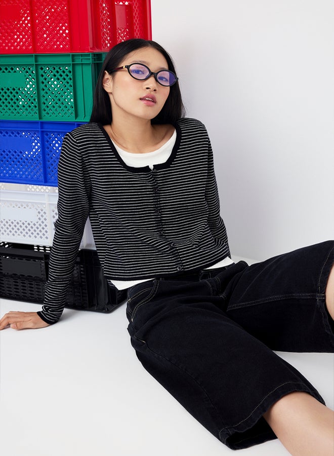 trendyol Black Premium Yarn/Special Yarn Striped Crew Neck Knitwear Sweater - Image 1