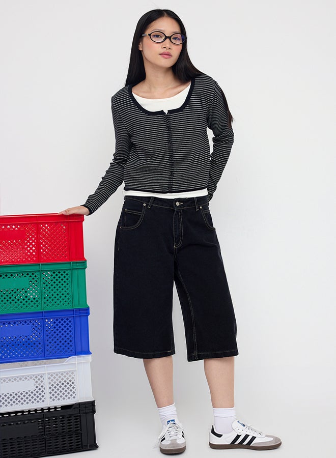 trendyol Black Premium Yarn/Special Yarn Striped Crew Neck Knitwear Sweater - Image 2