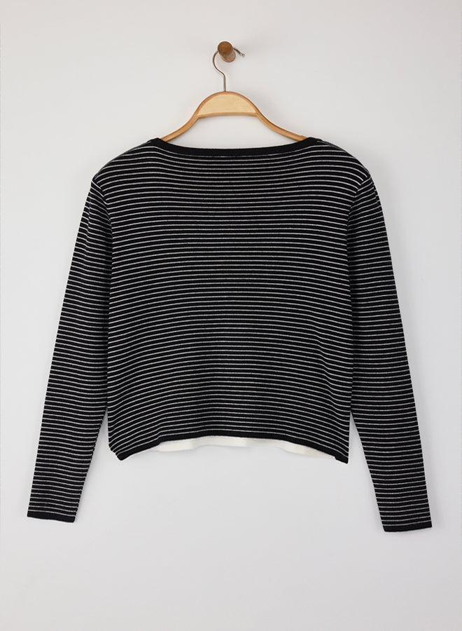 trendyol Black Premium Yarn/Special Yarn Striped Crew Neck Knitwear Sweater - Image 5