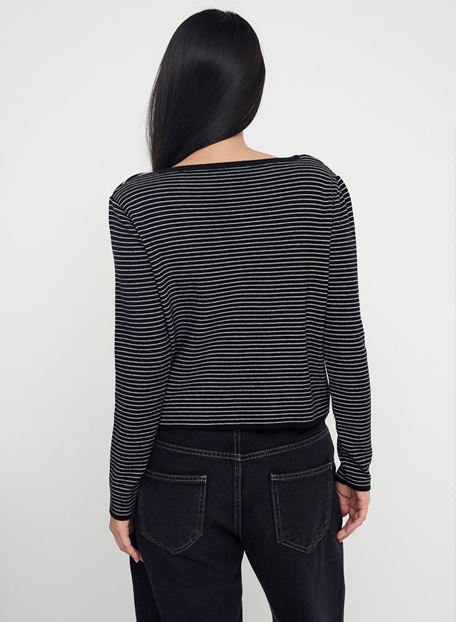 trendyol Black Premium Yarn/Special Yarn Striped Crew Neck Knitwear Sweater - Image 4